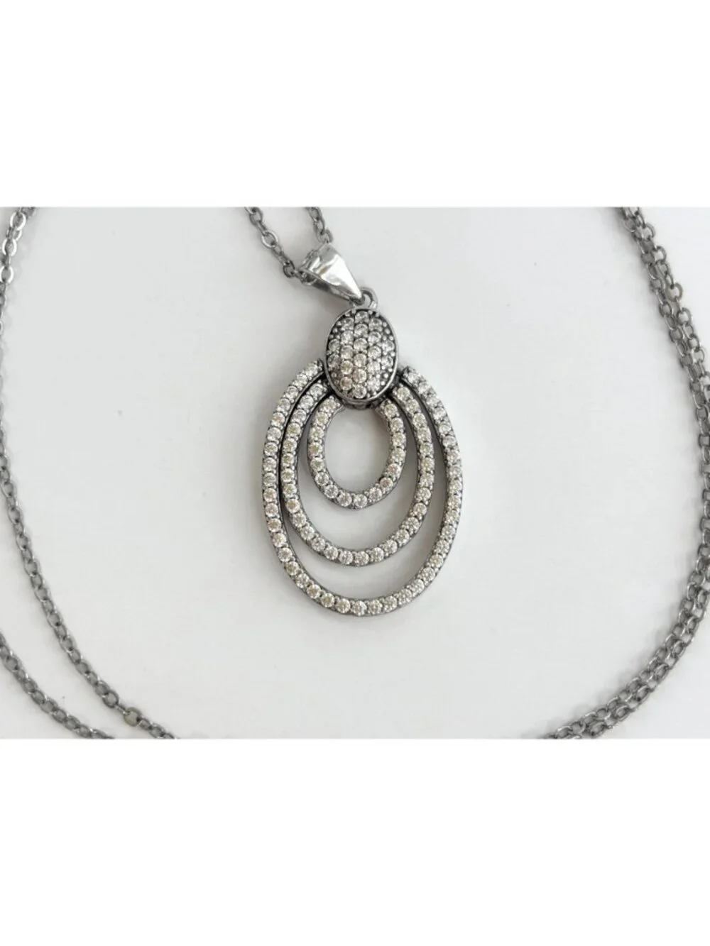 Triple Oval Sterling Silver Pave Bridal 925 Vintage Pendant Necklace - 18